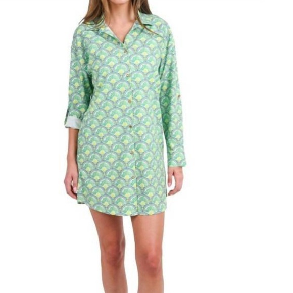 Emily Mccarthy Other - Emily McCarthy Green Deco Palm UPF 50 Long Sleeve Shift Shirt Dress Swim Coverup